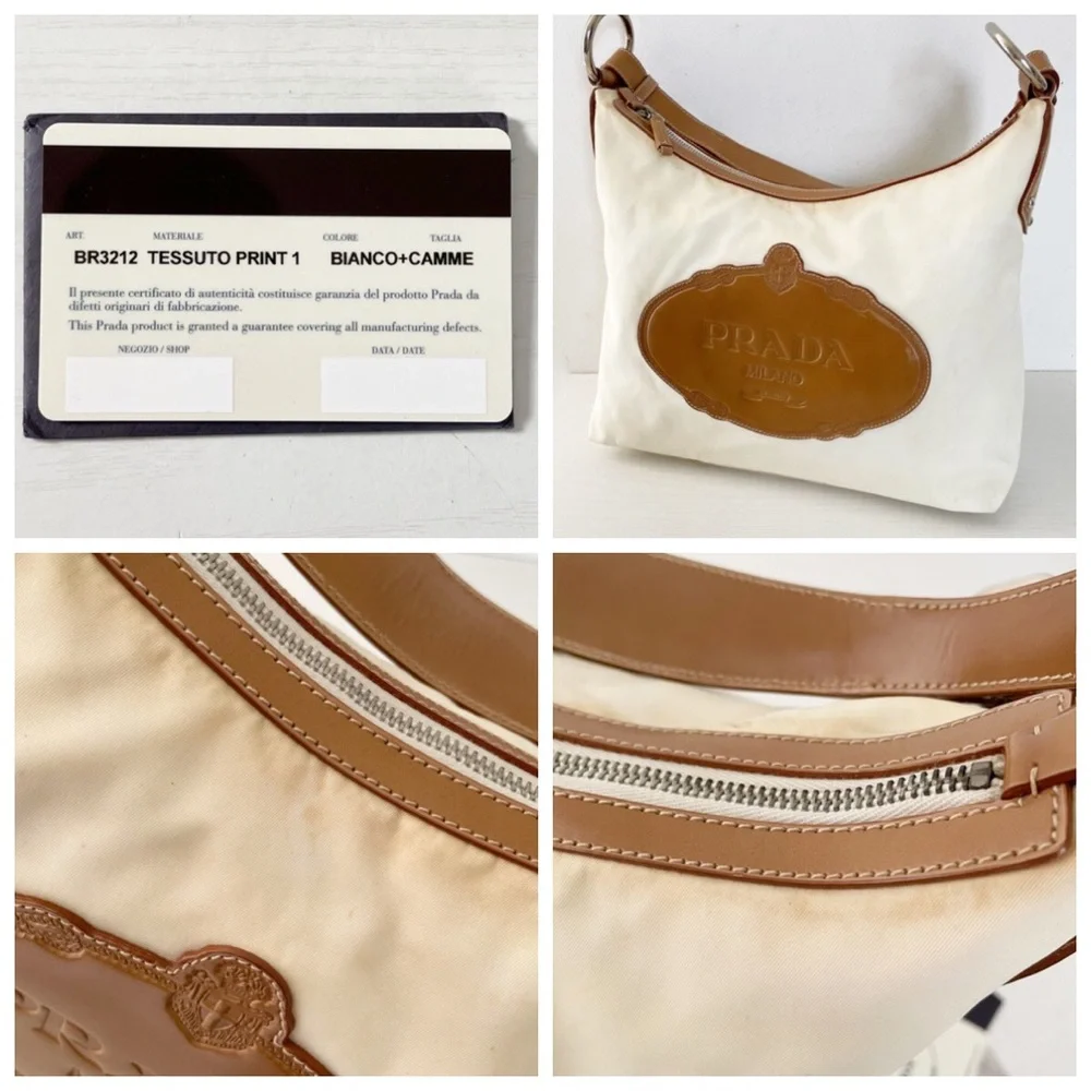 Prada white nylon camel brown leather embossed logo shoulder hobo bag